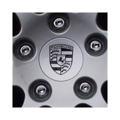 Wheel Cap Silver Cup Large Black Crest Fits All Porsche Models (ex Macan)